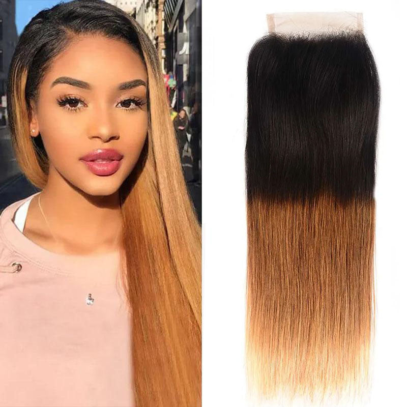 Sunber Hair 1 Pc Ombre T1B/4/27 Human Hair 4*4 Swiss Lace Closure Straight Hair Closure