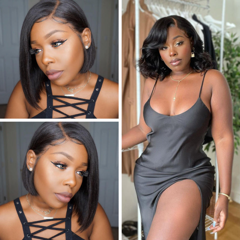 Sunber Y2K Inspired Hair Asymmetrical Bob Wigs Blunt Cut Human Hair Bob Wigs With Side Part