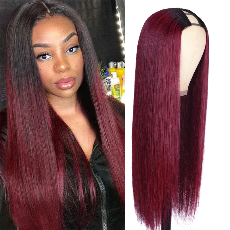 Flash Sale $63.60 Get 24'' Ombre 99J Burgundy Straight Upgrade U Part Wig Glueless Human Hair Wigs