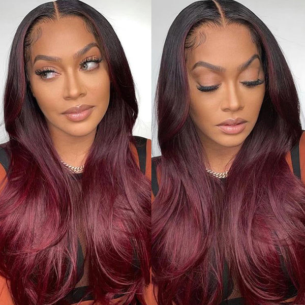 Flash Sale $63.60 Get 24'' Ombre 99J Burgundy Straight Upgrade U Part Wig Glueless Human Hair Wigs