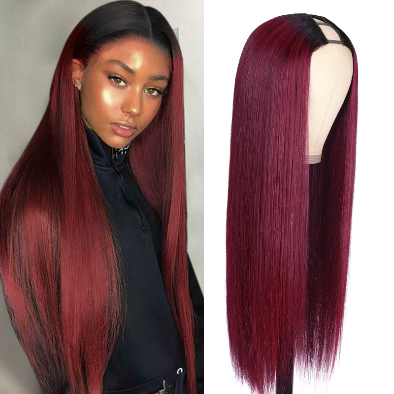 Flash Sale $63.60 Get 24'' Ombre 99J Burgundy Straight Upgrade U Part Wig Glueless Human Hair Wigs