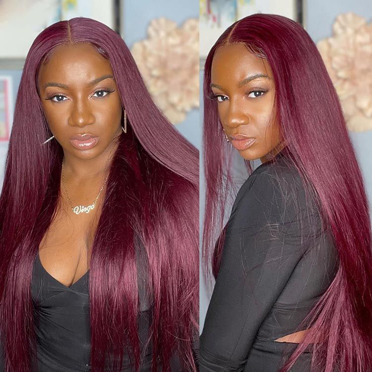 Flash Sale Sunber 99J Long Straight Lace Part Wig 180% denisty Red Human Hair Wigs