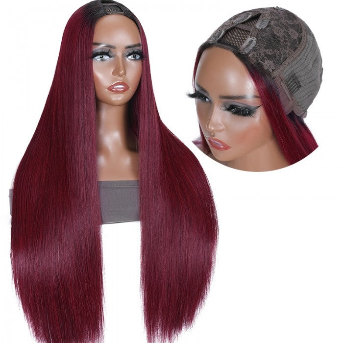 Flash Sale $63.60 Get 24'' Ombre 99J Burgundy Straight Upgrade U Part Wig Glueless Human Hair Wigs