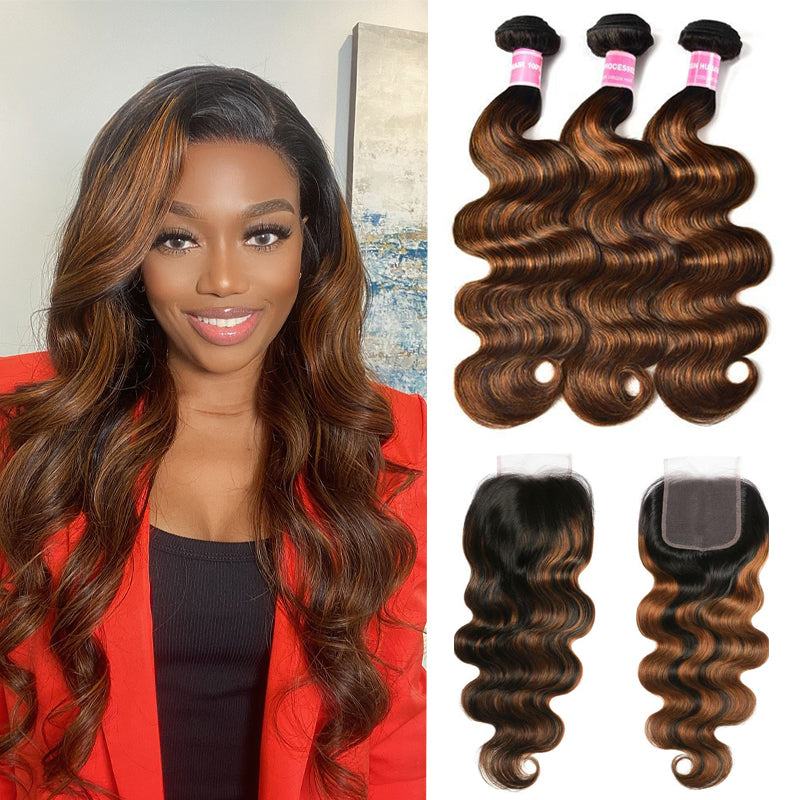 Sunber  Highlight Balayage Color Body Wave 3 Bundles Weaves with 4x4 Lace Closure Virgin Human Hair