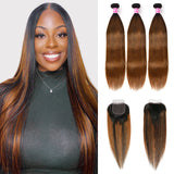 Sunber Balayage Highlight  Color Silk Straight 3 Bundles Weaves with 4x4 Lace Closure Virgin Human Hair