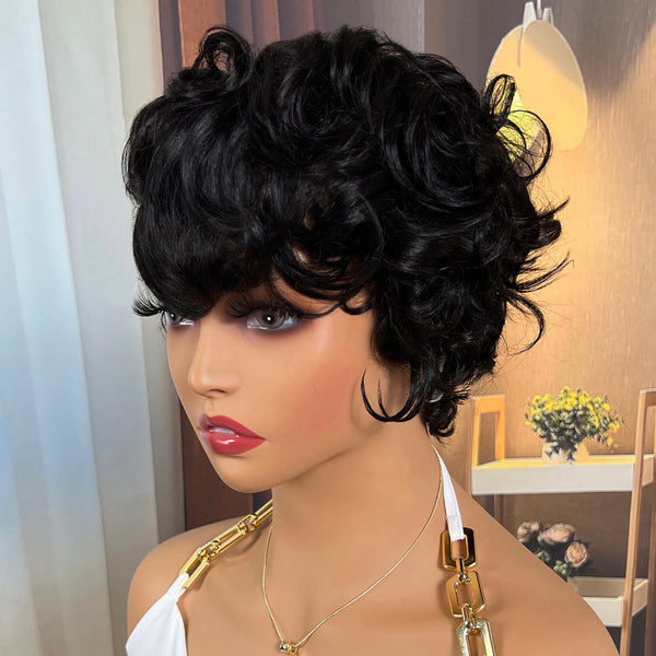 Flash Sale Sunber Glueless Curly Short Bob Wig With Bangs No Lace Human Hair Wigs