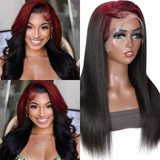 Sunber Skunk Stripe Hair Sparkle Burgundy 99J Roots Straight 13x4 Lace Frontal Wigs