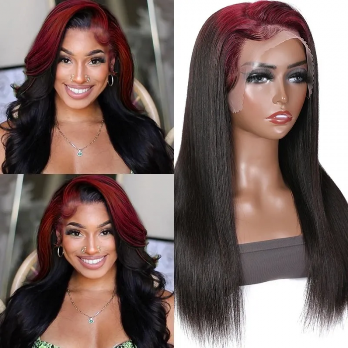 Sunber 13x4 Lace Frontal Skunk Stripe Sparkle Burgundy 99J Roots Straight Wigs Flash Sale