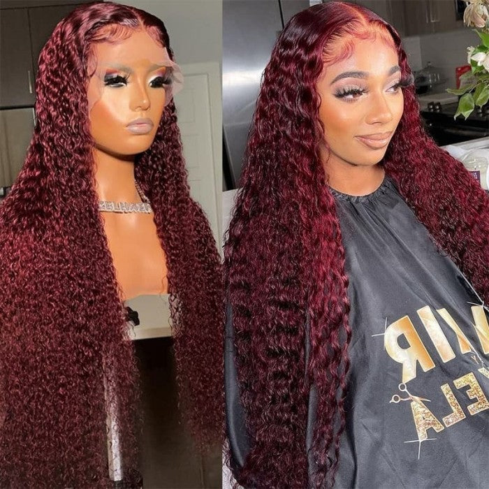 $100 Off Sunber Jerry Curly 99J Red Burgundy Lace Closure Wig Lace Front Human Hair Wigs