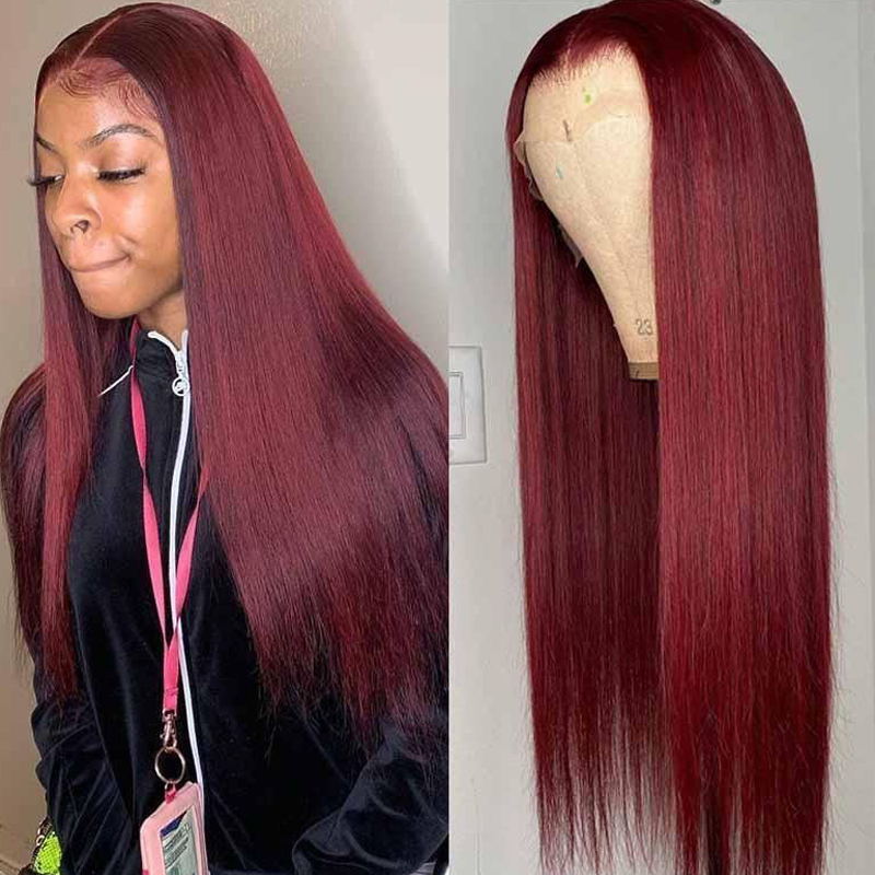 BOGO Sunber 99J Long Straight Lace Part Wig 180% denisty Red Human Hair Wigs