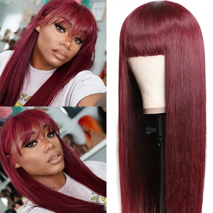 Sunber 99J Wine Red Silk Straight Human Hair Wig with Bangs Burgundy Colored Wigs Glueless Human Hair Wigs