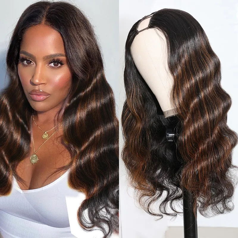 BOGO Sunber Mix Brown Highlight Colored U Part Wigs Body Wave Human Hair Wigs