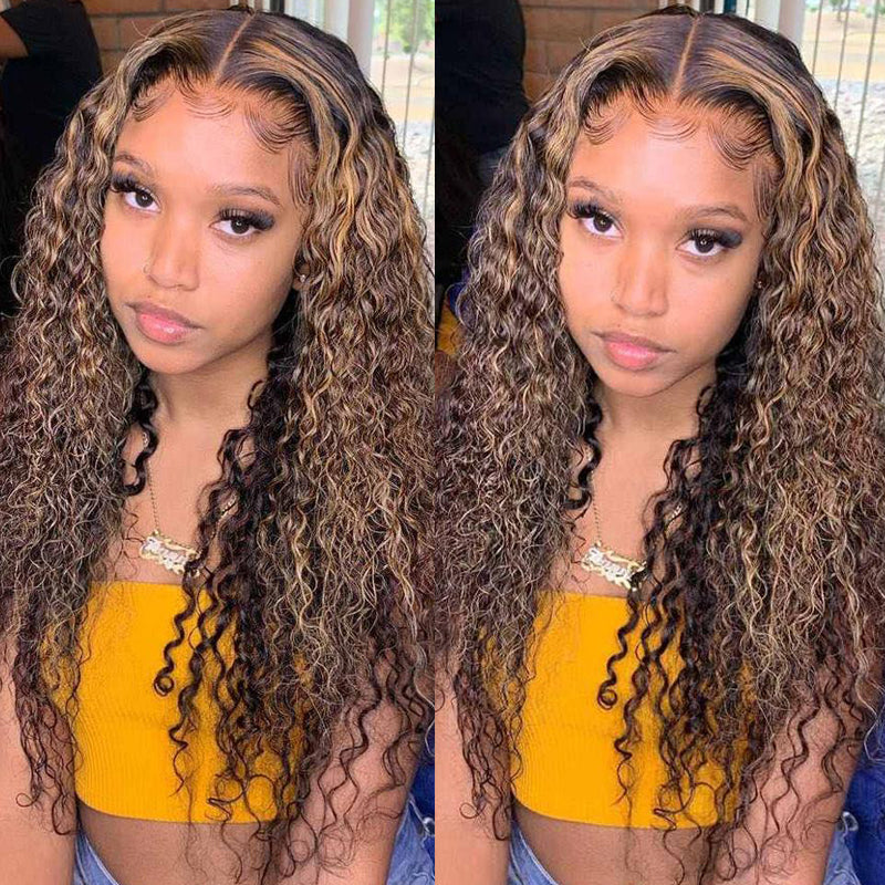 BOGO Sunber Jerry Curly Ombre Honey Blonde Highlight Lace Frontal Wigs