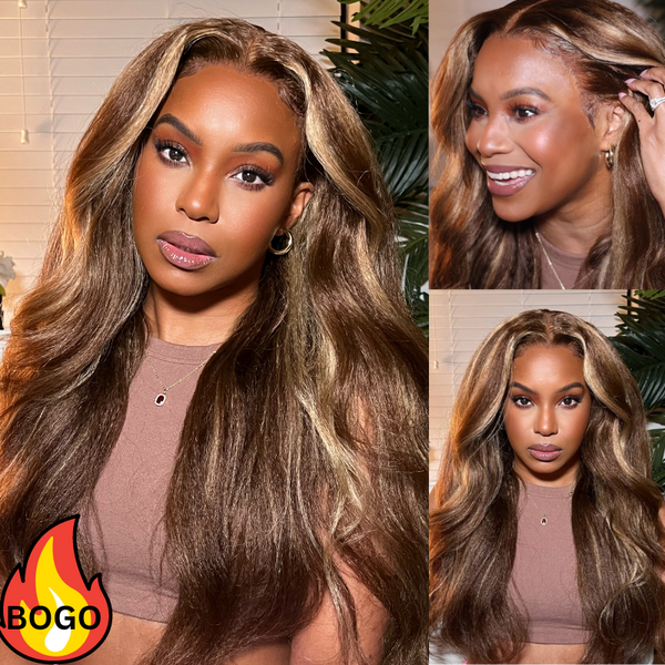 BOGO Sunber Honey Blonde Highlight  Kinky Straight 13x4 Lace Front Wig Human Hair