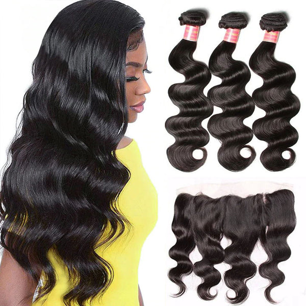 Sunber Hair Indian Body Wave 3 Bundles with 13*4 Ear to Ear Full Lace Frontal Closure, 8A Hotsale Virgin Hair