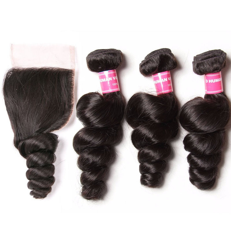 Brazilian Virgin Loose Wave Hair 3 Bundles with 4*4 Lace Closure, 100% 7A Virgin Hair Bundles - Sunberhair