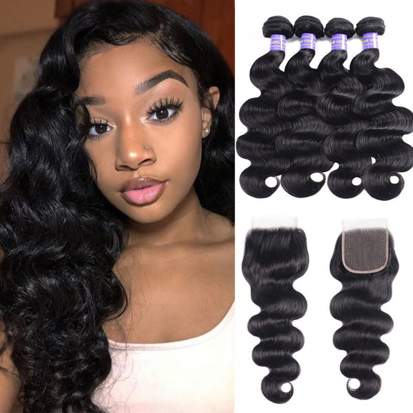 Sunber Hair Indian Human Hair New Remy Hair Body Wave 4 Bundles With 4*4 Lace Closure Good Quality