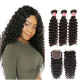 Sunber Hair Brazilian Virgin Deep Wave Hair 3 Bundles With  4"*4" Lace Closure, 100% Human Hair