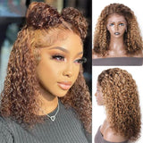 Sunber Ombre Honey Blonde Brown Color Layered Bob Water Wave Lace Front Wig