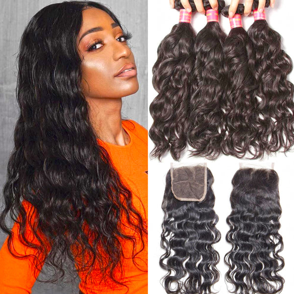 Sunber Hair Brazilian Natural Wave Hair Bundles 4 Bundles with Lace Closure, Unprocessed Affordable Brazilian Hair