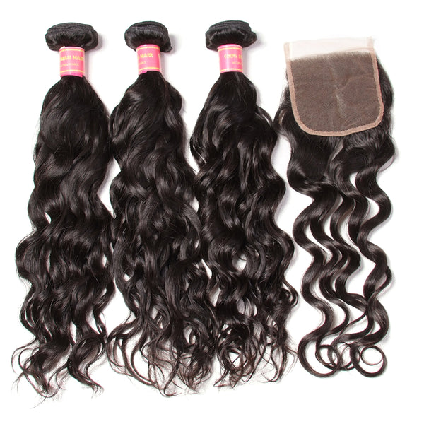 Brazilian Hair Natural Wave Hair 3 Bundles With 4"*4" Lace Closure - Sunberhair