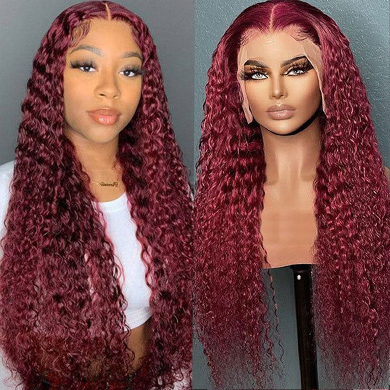 Sunber Burgundy Red 99J Deep Wave 13x4 Lace Front Wig with Baby Hair For Woman