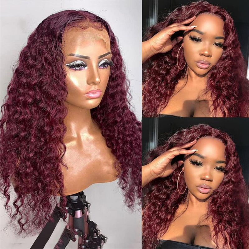 Sunber Burgundy Red 99J Deep Wave 13x4 Lace Front Wig with Baby Hair For Woman