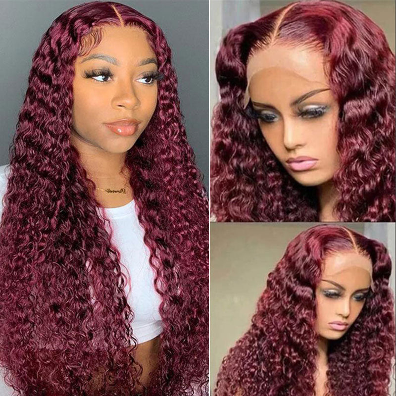 Sunber Burgundy Red 99J Deep Wave 13x4 Lace Front Wig with Baby Hair For Woman