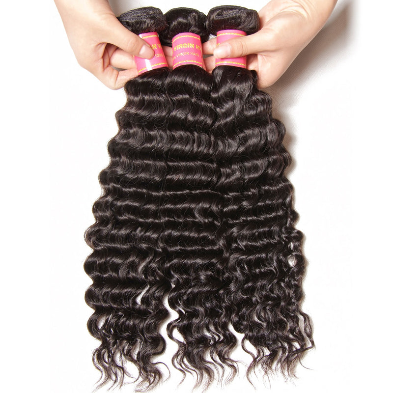 Brazilian Virgin Deep Wave Hair 3 Bundles With  4"*4" Lace Closure, 100% Human Hair - Sunberhair