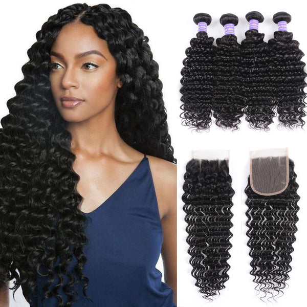 Sunber Deep Wave 4 Bundles Human Hair Weave With 4x4 Lace Closure Free Part