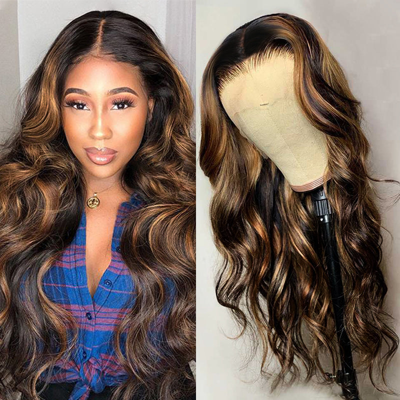 【18”=$79】Sunber Balayage Highlight 13 By 4 Lace Front Wigs With Dark Roots T Part Lace Front Wig 180% Density Flash Sale