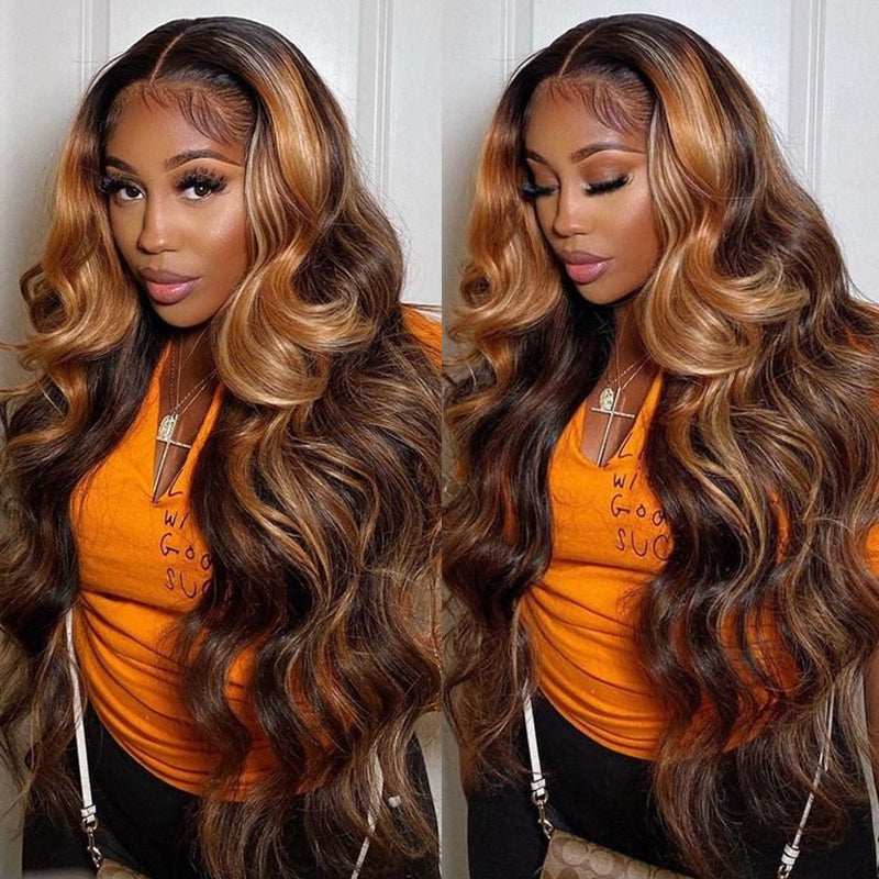 Sunber Trendiest Ombre Highlight Color #1B/30 Balayage Blonde Human Hair Lace Front Wigs