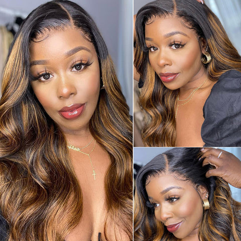 【18”=$79】Sunber Balayage Highlight 13 By 4 Lace Front Wigs With Dark Roots T Part Lace Front Wig 180% Density Flash Sale