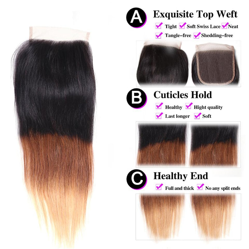 Ombré Hair T1b/4/27 Straight Human Hair 3 Bundles with Lace Closure - Sunberhair