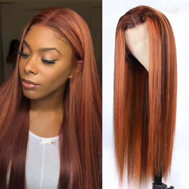 Sunber Mix Ginger And Copper Red Straight Human Hair Wigs Ombre Lace Front Wig