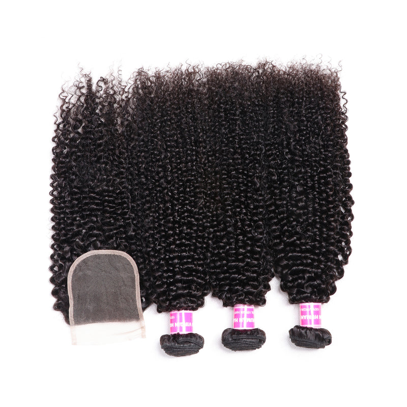 Sunber Hair Brazilian Kinky Curly Hair 3 Bundles With 4*4 Lace Closure 100% Human Hair