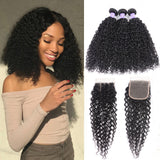 Sunber Hair New Remy Human Hair Peruvian Curly Hair 3 Bundles with 4X4 Lace Closure Good Quality Black Color Hair Bundles Deal