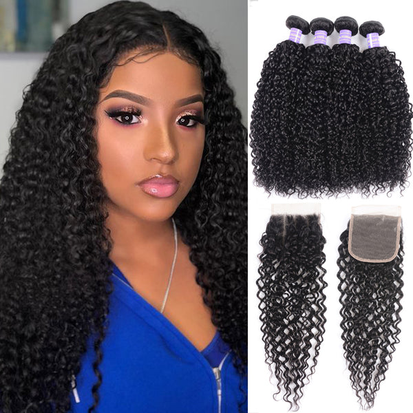 Sunber Hair New Remy Black Color Brazilian Curly Hair 4 Bundles with 4*4 Lace Closure 100% Human Hair Weaves