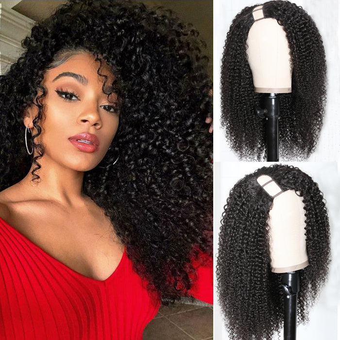 BOGO Sunber Kinky Curly Human Hair Wigs Right Side U Part Wigs 180% Density