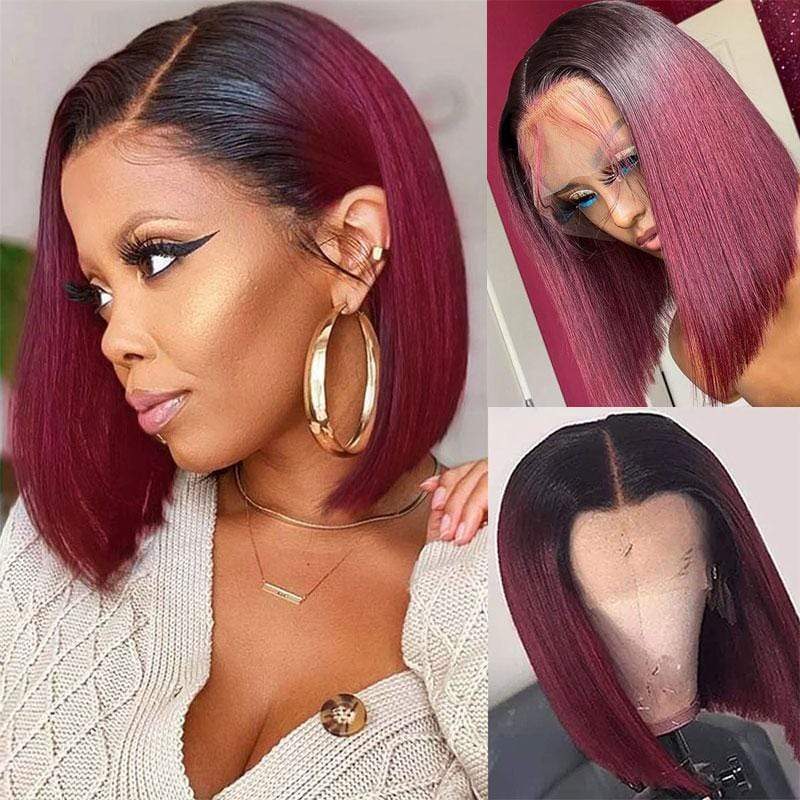 Sunber Ombre Red Burgundy Color Short Bob Wigs Lace Closure Human Hair Wigs