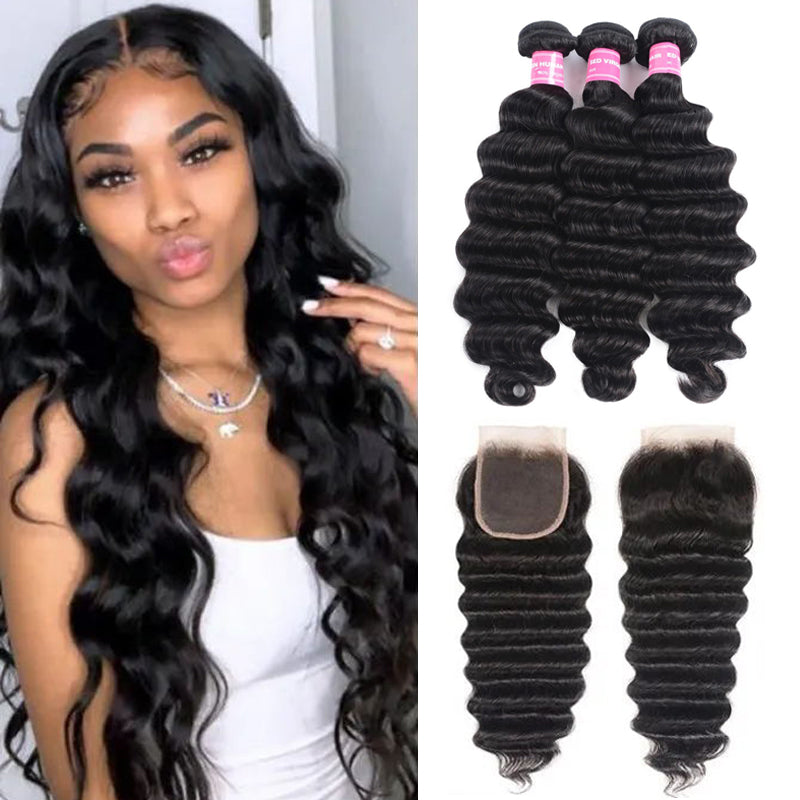 Sunber Hair Brazilian Loose Deep Wave 3 Bundles Hair with 4*4 Lace Closure Deals