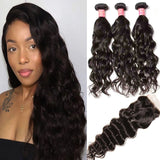 Sunber Hair Malaysian Natural Wave Hair 3 Bundles with Lace Closure,  100% 7A Good Virgin Hair