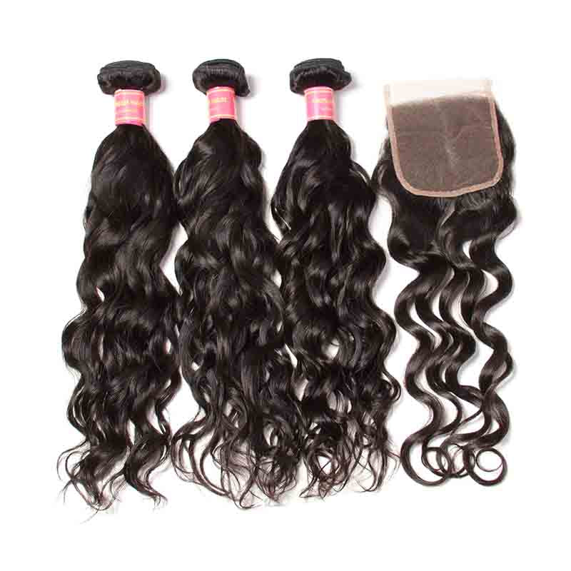 Sunber Hair Malaysian Natural Wave Hair 3 Bundles with Lace Closure,  100% 7A Good Virgin Hair