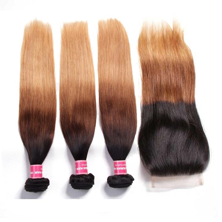 Ombré Hair T1b/4/27 Straight Human Hair 3 Bundles with Lace Closure - Sunberhair