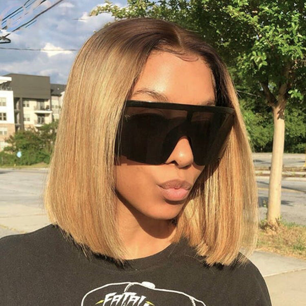 Sunber Golden Blonde With Dark Roots Layered Lob 13x4 lace front wig Short Bob Wig