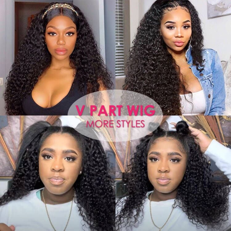 Flash Sale Kinky Curly V Part Wig No Glue No Leave Out Human Hair Wigs