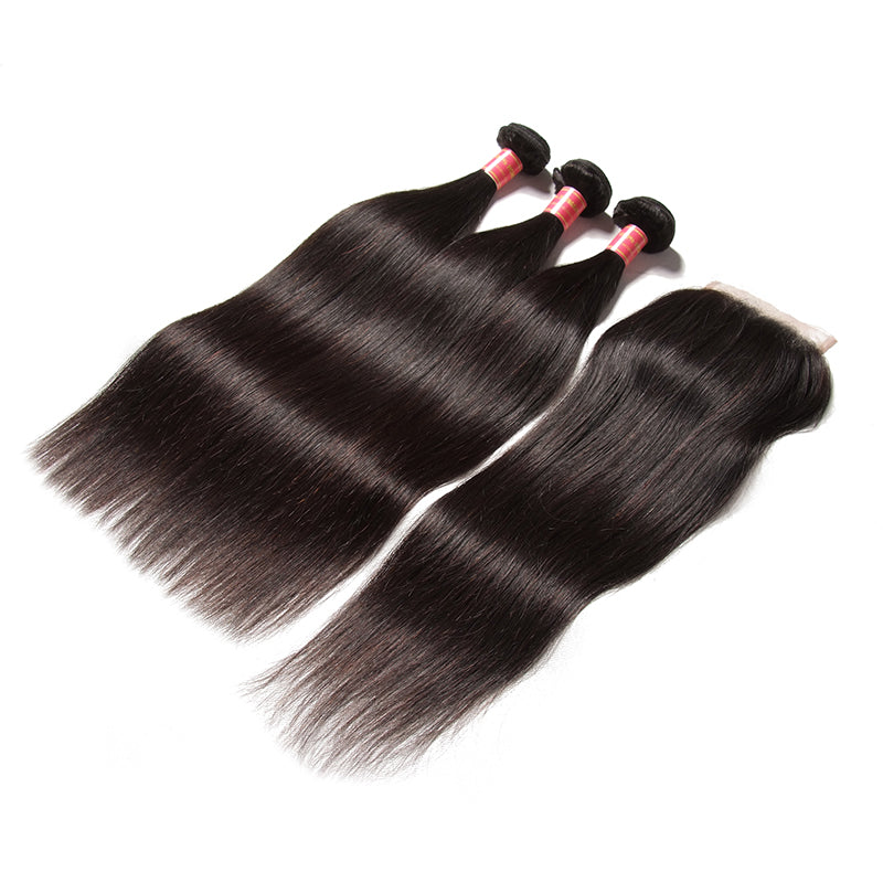Sunber Hair Indian Virgin Hair Silky Straight Hair 3 Bundles With 4x4 Lace Closure, 8A Human Hair Weaves