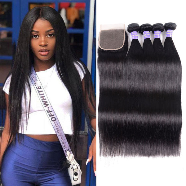 Sunber Hair Malaysian Remy Human Hair Black Color Silky Straight Hair 4 Bundles With 4x4 Lace Closure