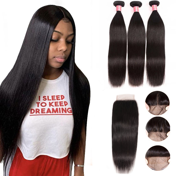 Sunber Hair Indian Virgin Hair Silky Straight Hair 3 Bundles With 4x4 Lace Closure, 8A Human Hair Weaves