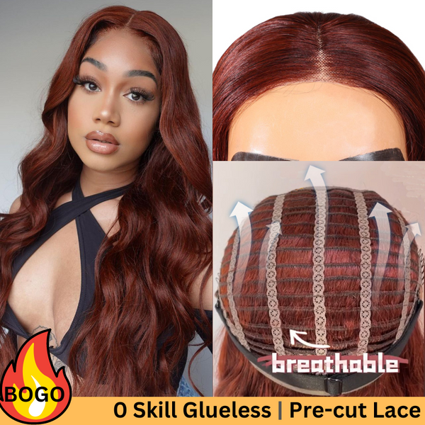 BOGO Sunber Easy To Wear Reddish Brown 4x4 Pre-Cut Lace Breathable Cap Human Hair Wigs